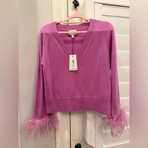 Milly Feather Cuff V-Neck Sweater in oink/lavender. Size S/P. NWT.